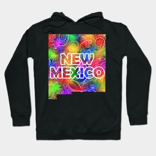 Colorful mandala art map of New Mexico with text in multicolor pattern Hoodie